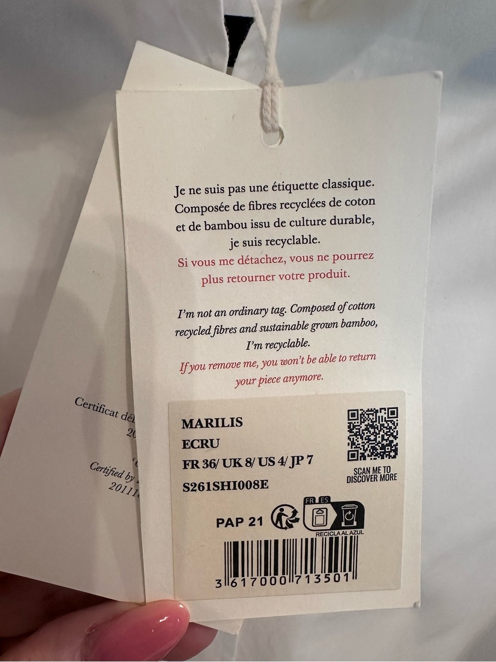 Sezane Paris Marilis Ecru Button Down Shirt Size FR 36 US 8 $130 - Picture 9 of 9